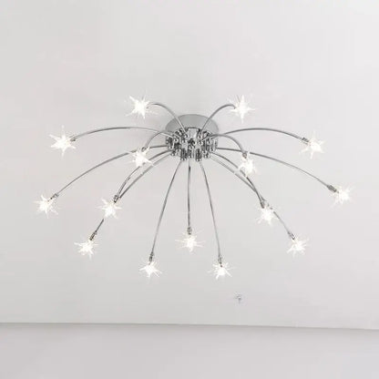 Modern chrome metal led chandelier starburst ceiling light with multiple slender arms and bright white led fixtures