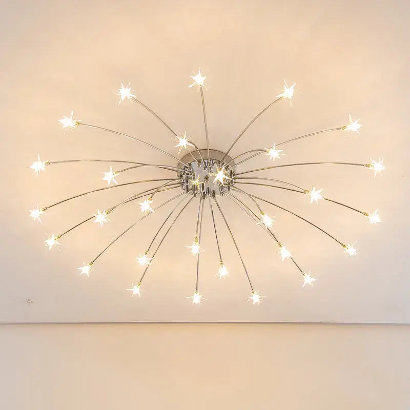 Modern chrome metal led chandelier starburst with multiple slender arms and bright led star-shaped bulbs for living room decorbites chrome metal led