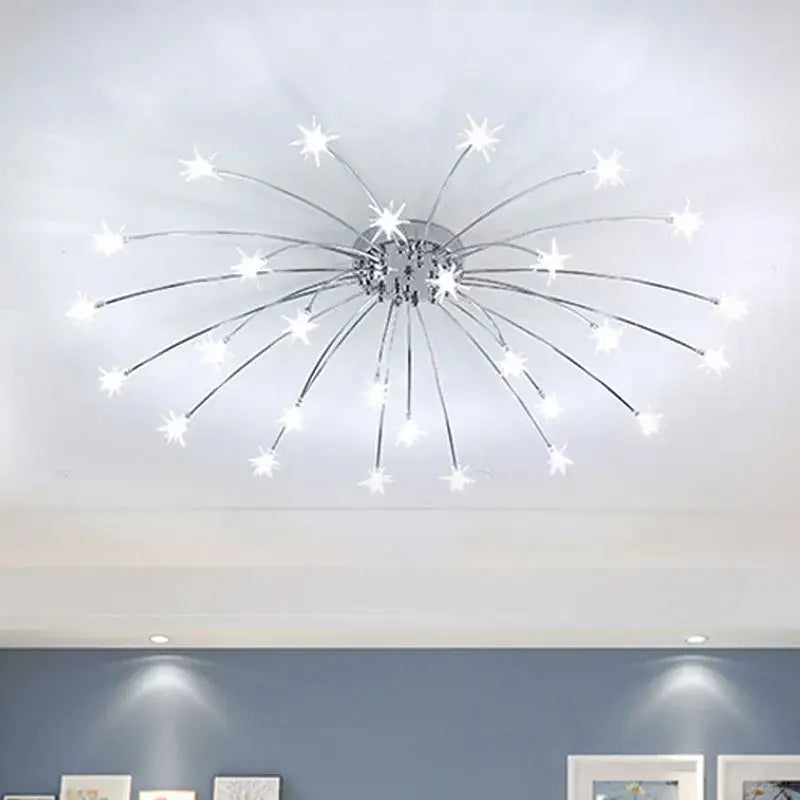 Modern chrome metal led chandelier starburst ceiling light with illuminated stars radiating from central hub for living room decorbites chrome metal led