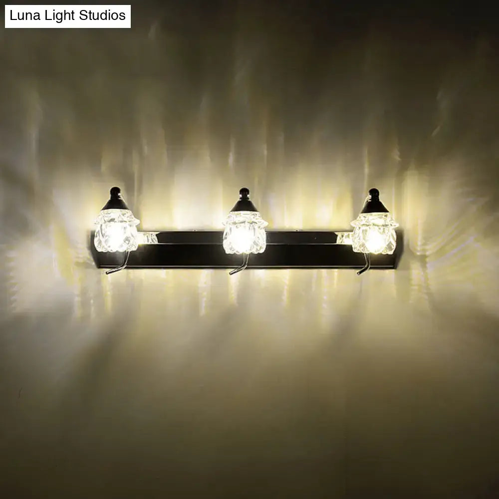Three-light black metal vanity mirror light with clear faceted glass shades for 220v-240v and 110v-120v use