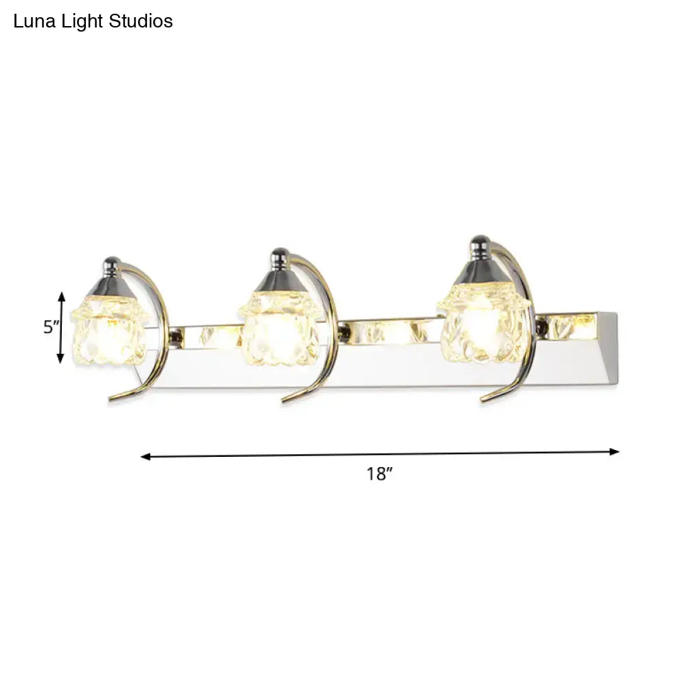 Modern chrome mushroom vanity mirror light with three faceted crystal shades suitable for 110v-120v or 220v-240v use
