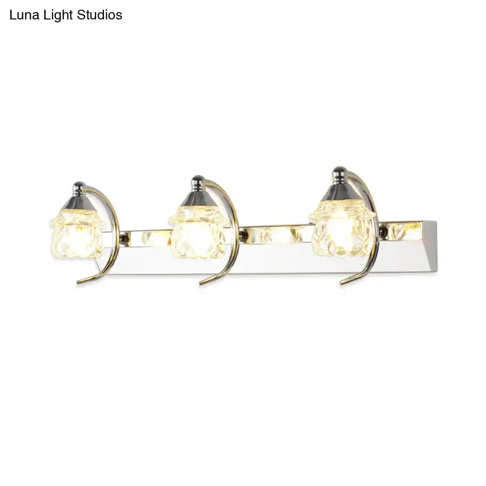 Modern chrome mushroom vanity mirror light with three faceted crystal shades suitable for 220v-240v and 110v-120v use