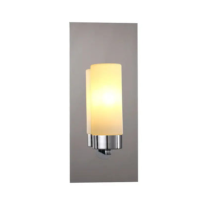 Modern wall light with opal glass tube and polished chrome accents designed as a bedroom sconce with frosted shade