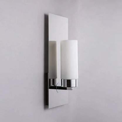 Modern chrome opal glass tube wall light with sleek rectangular backplate and frosted white opal glass shade for bedroom
