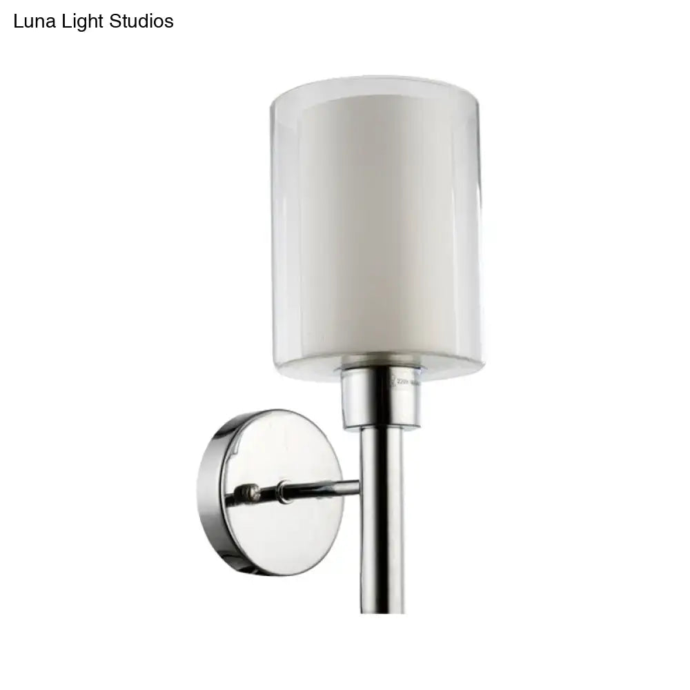 Modern chrome pencil arm sconce light fixture with frosted white cylindrical glass shade head wall mount design