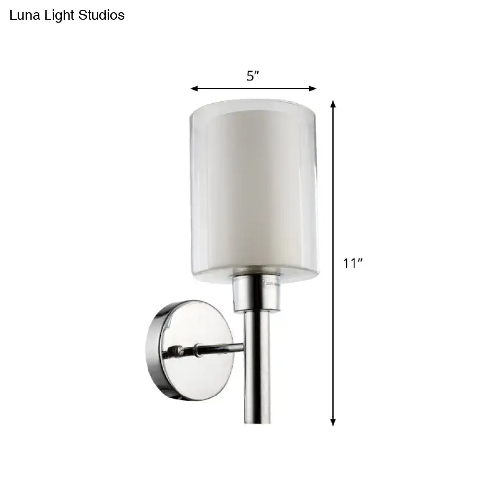 Modern chrome pencil arm sconce with frosted white cylindrical glass shade head wall mount light fixture