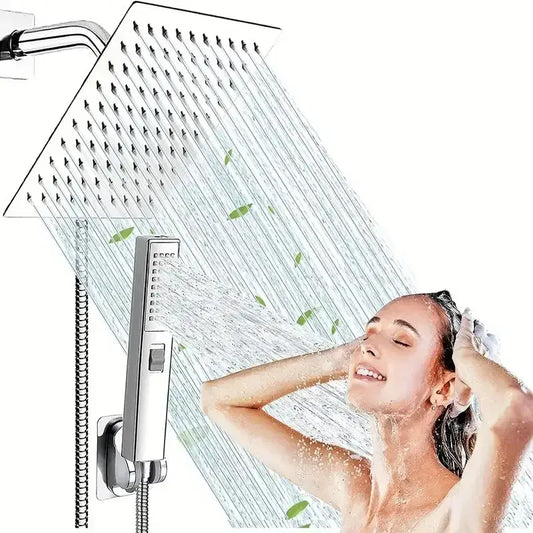 Modern chrome rain pressure spray head shower set with sleek square rain shower head and matching handheld unit by decorbites black