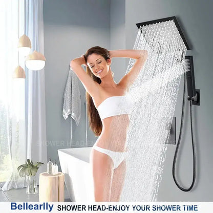 Black square rainfall shower head with sleek modern design featuring decorbites black rain pressure spray functionality