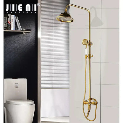 Modern gold-finished brass shower faucet set with tall overhead rainhead and handheld spray nozzle for bathroom use