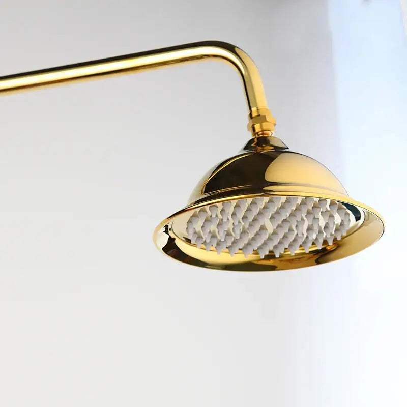 Gold-colored polished brass showerhead with circular design and multiple nozzles in modern shower faucet set