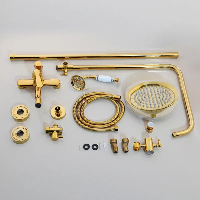 Gold-finished brass shower faucet set with sleek modern design featuring round rainhead and handheld showerhead fixtures