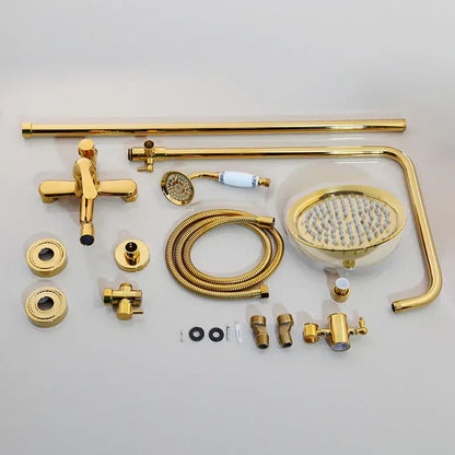 Gold-finished brass shower faucet set with sleek modern design featuring round rainhead and handheld showerhead fixtures