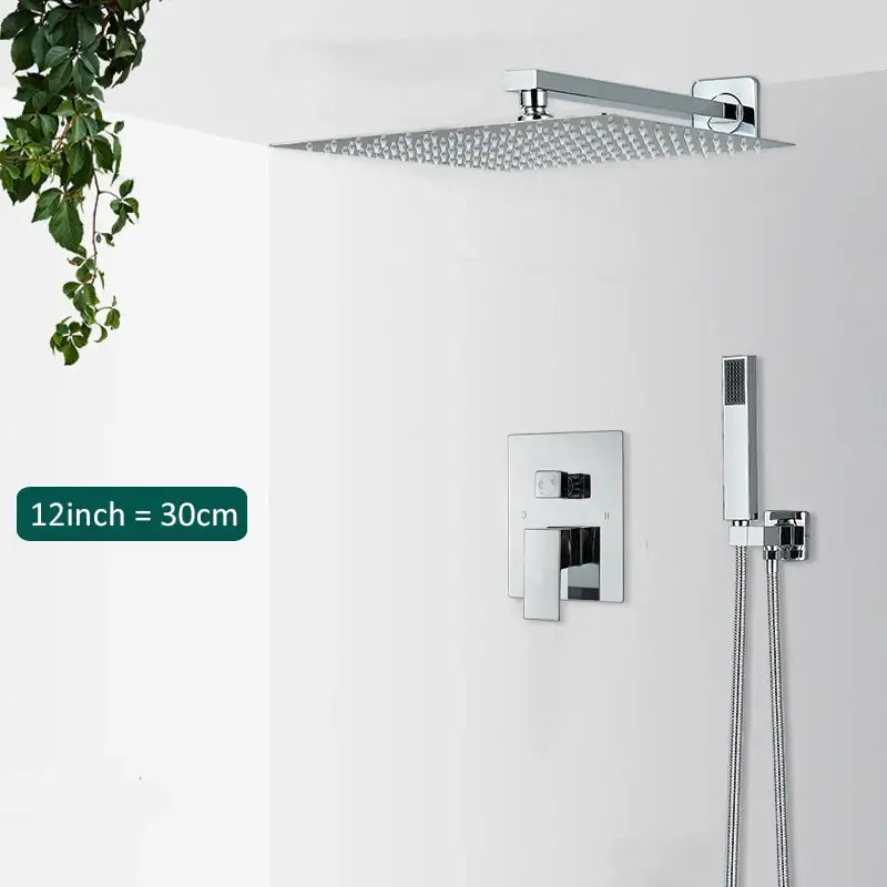 Modern chrome rainfall shower faucet system featuring a square chrome-finished rain shower head with integrated wall arm