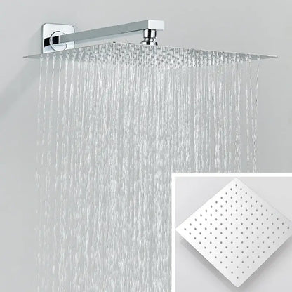 Modern chrome rainfall shower faucet system with rectangular showerhead featuring multiple water jets and sleek design