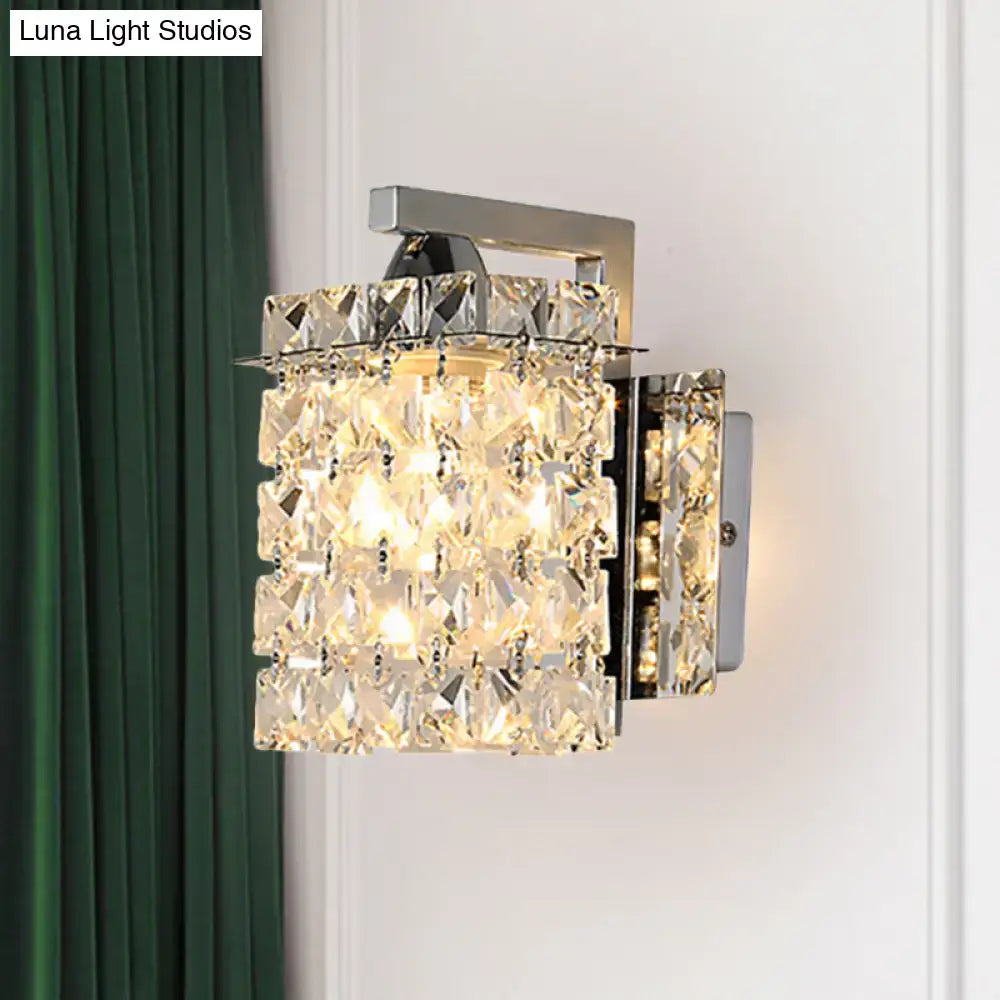 Modern chrome rectangle crystal wall light with cascading clear crystals and sleek bracket for 110v-120v and 220v-240v use