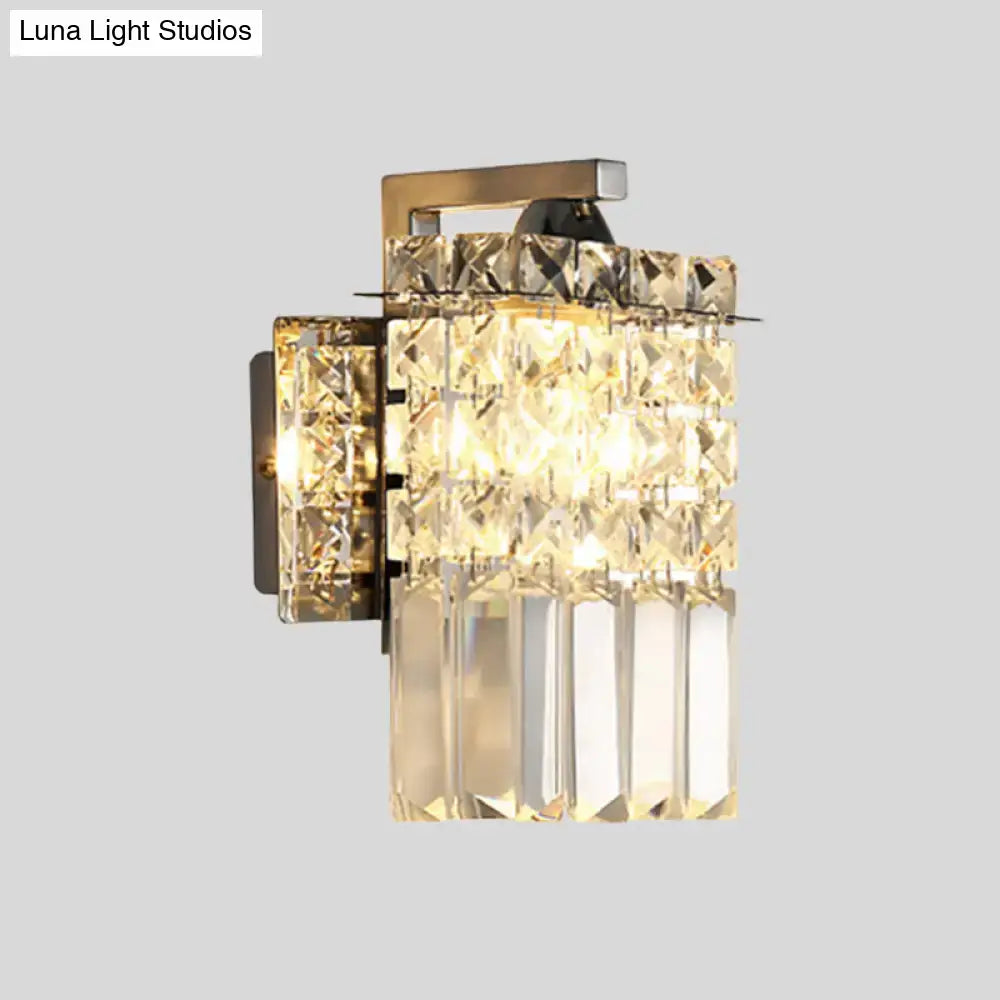 Modern chrome rectangle crystal wall light with polished brass hardware featuring cut crystal and vertical glass prisms for 110v-120v use