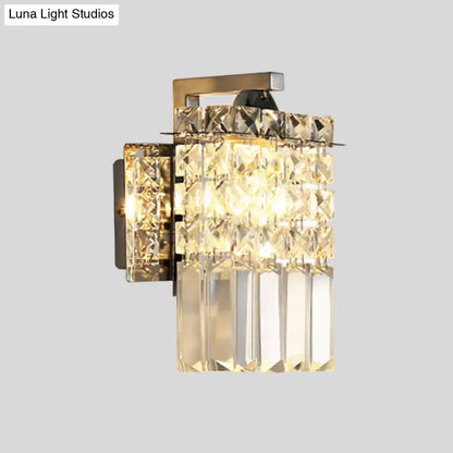 Modern chrome rectangle crystal wall light with polished brass hardware featuring cut crystal and vertical glass prisms for 110v-120v use