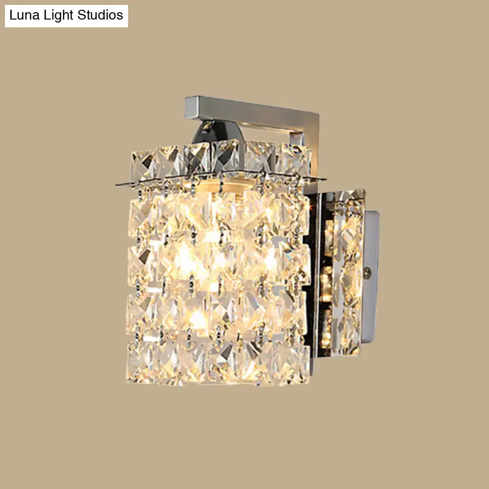 Modern chrome rectangle crystal wall light with faceted cubes refracting warm golden light 110v-120v and 220v-240v