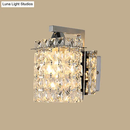 Modern chrome rectangle crystal wall light with faceted cubes refracting warm golden light 110v-120v and 220v-240v