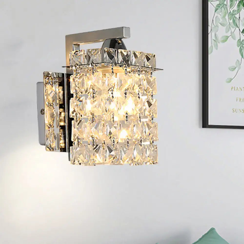Modern chrome rectangle crystal wall light with faceted clear crystals and sleek bracket for 110v-120v use
