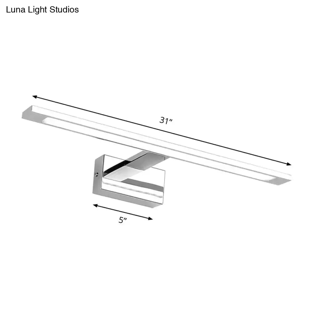 Modern chrome rectangle led bathroom vanity light with 31-inch sleek design and 5-inch mounting bracket for led bathroom use