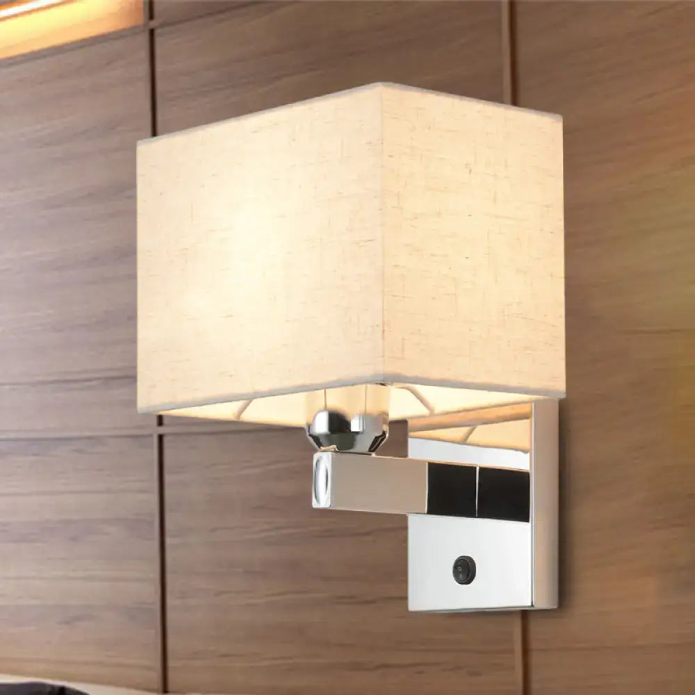Modern chrome rectangle wall sconce with beige linen shade and metal base for e26 e27 bulbs included bedroom light