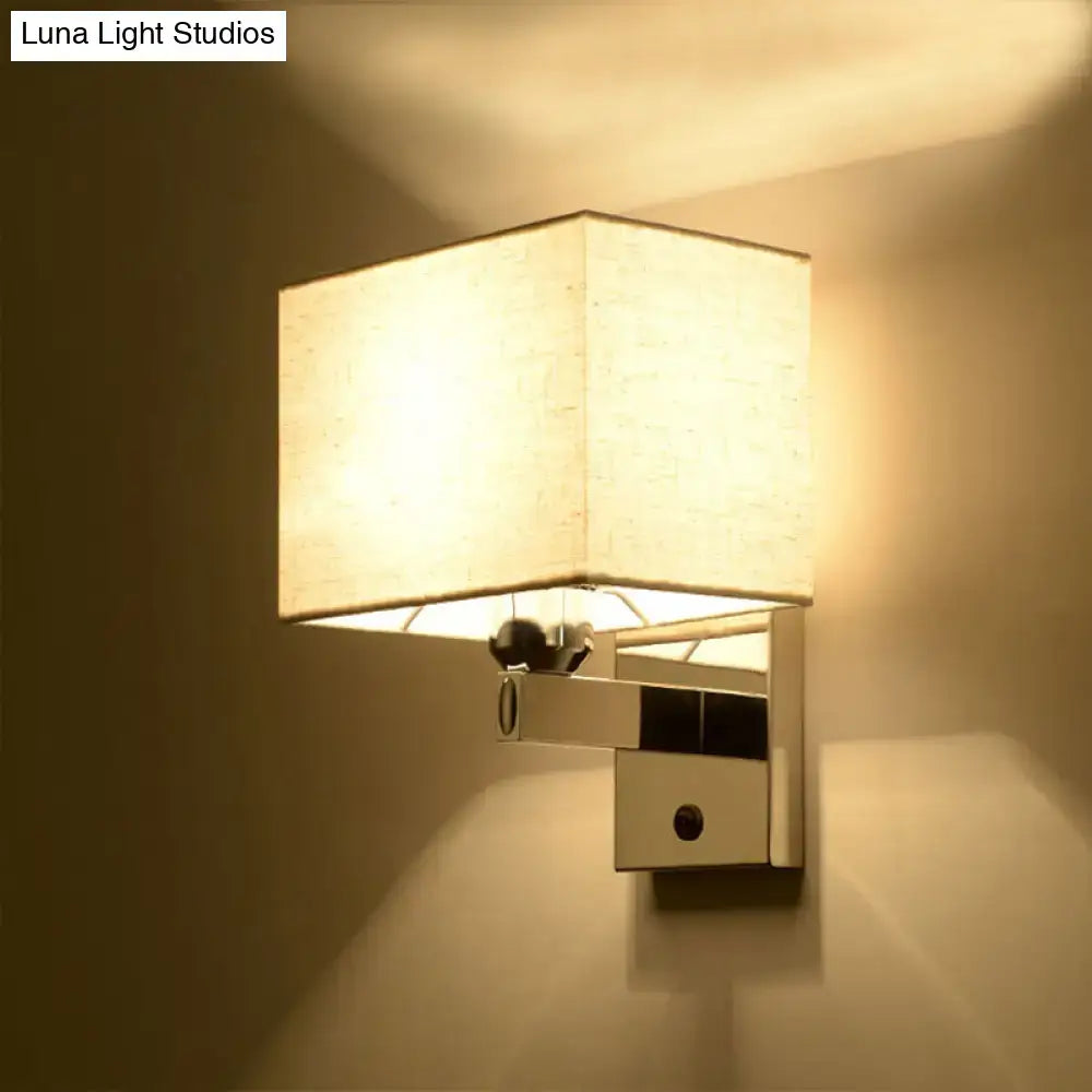Modern chrome rectangle wall sconce with beige linen shade and chrome base e26 e27 bulb included for bedroom lighting