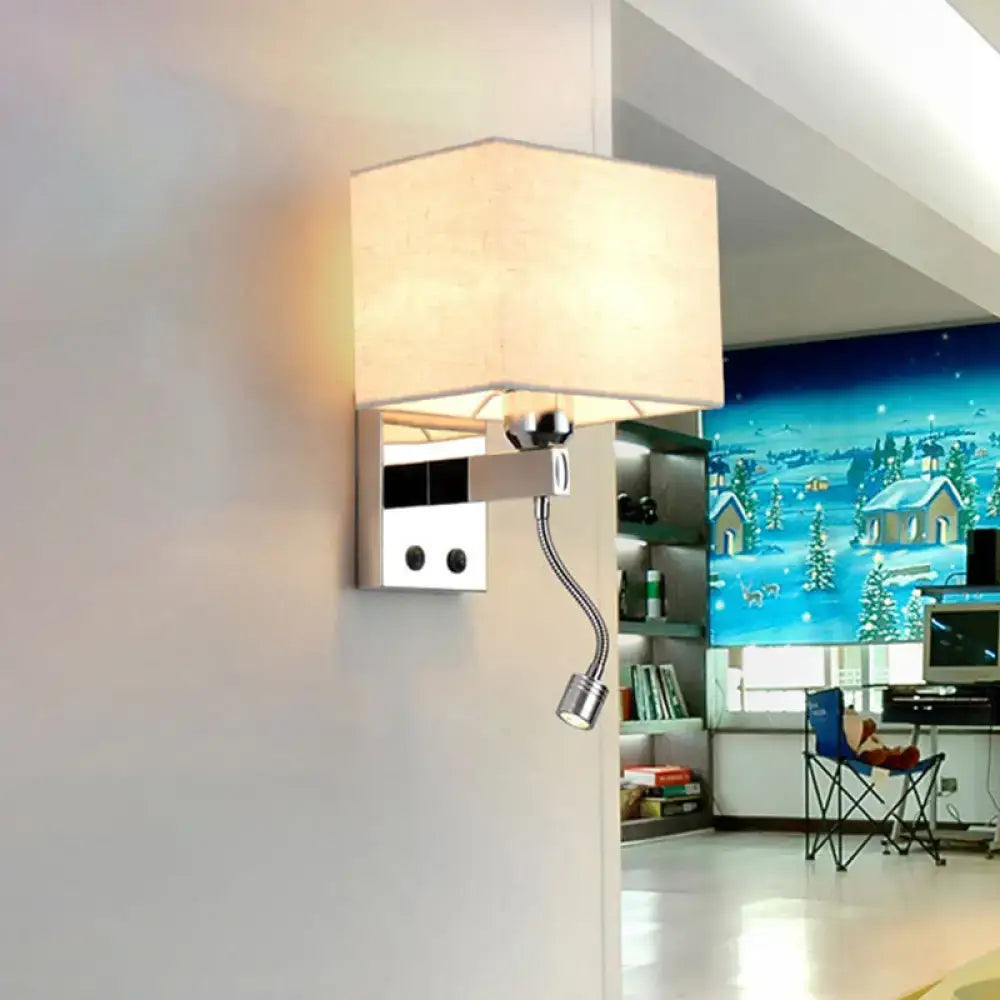 Modern chrome rectangle wall sconce with beige linen shade, adjustable gooseneck arm, e26 e27 bulb included