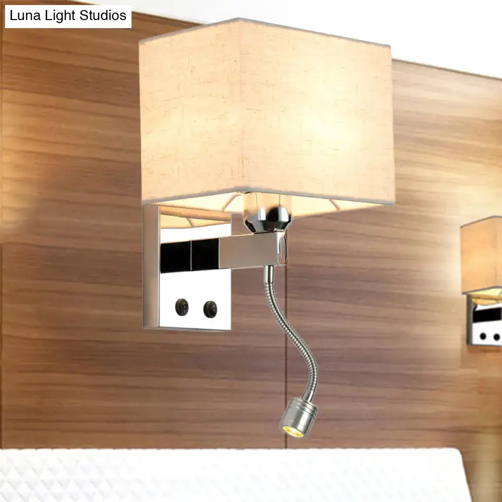 Modern chrome rectangle wall sconce with beige linen shade and adjustable gooseneck reading light bulb included e26 e27