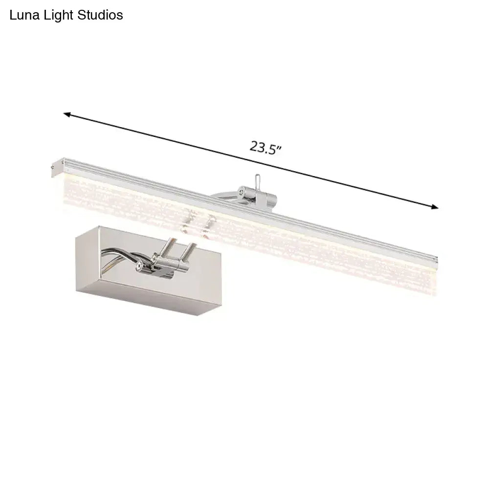 Silver-finished modern chrome rectangle wall vanity light with textured glass and adjustable arm for targeted bathroom illumination