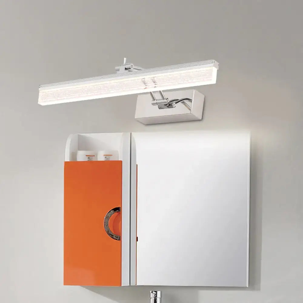 Modern white led wall vanity light with rectangular design and chrome-finished mounting for bathroom use