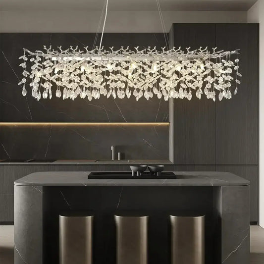 Modern chrome rectangular crystal branch chandelier with cascading crystal leaves and droplets for dining room decorbites crystal branch