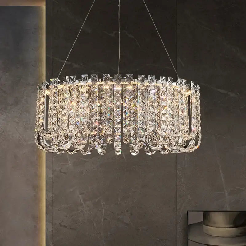 Modern chrome rectangular crystal pendant ceiling lamp with clear faceted prisms by decorbites crystal pendant