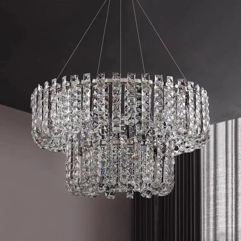Modern chrome rectangular crystal pendant ceiling lamp with cascading faceted glass elements for dining room decorbites crystal pendant