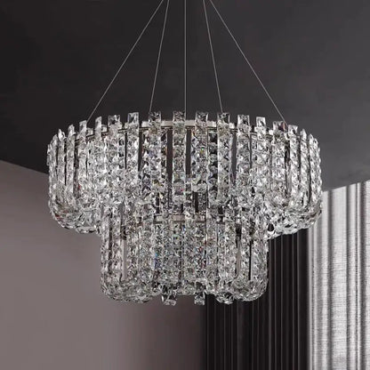 Modern chrome rectangular crystal pendant ceiling lamp with cascading faceted glass elements for dining room decorbites crystal pendant