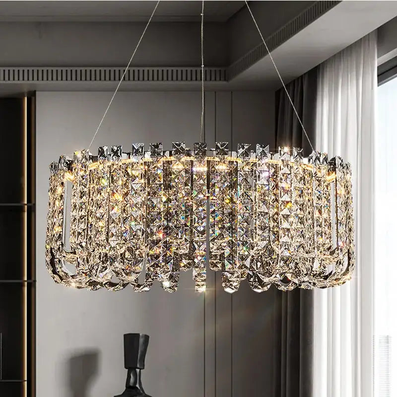 Modern chrome rectangular crystal pendant ceiling lamp with crystal pendant ceiling design refracting vibrant hues