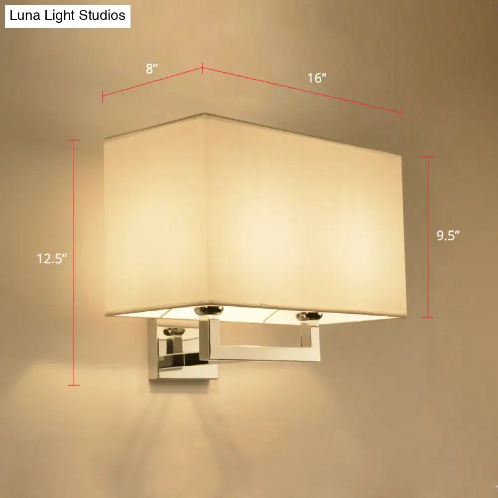 Modern chrome rectangular fabric wall sconce with cream shade and metal frame compatible with 110v-120v or 220v-240v light types