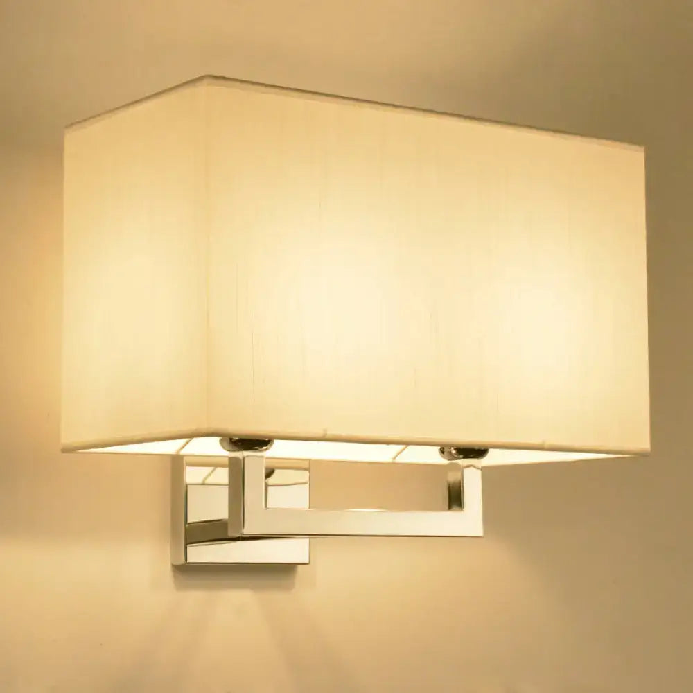 Modern chrome rectangular fabric wall sconce with cream shade and polished metal frame for 110v-120v or 220v-240v light type