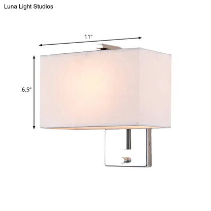 Modern chrome rectangular fabric wall sconce with soft white shade and polished metal base compatible with e26 e27 bulbs