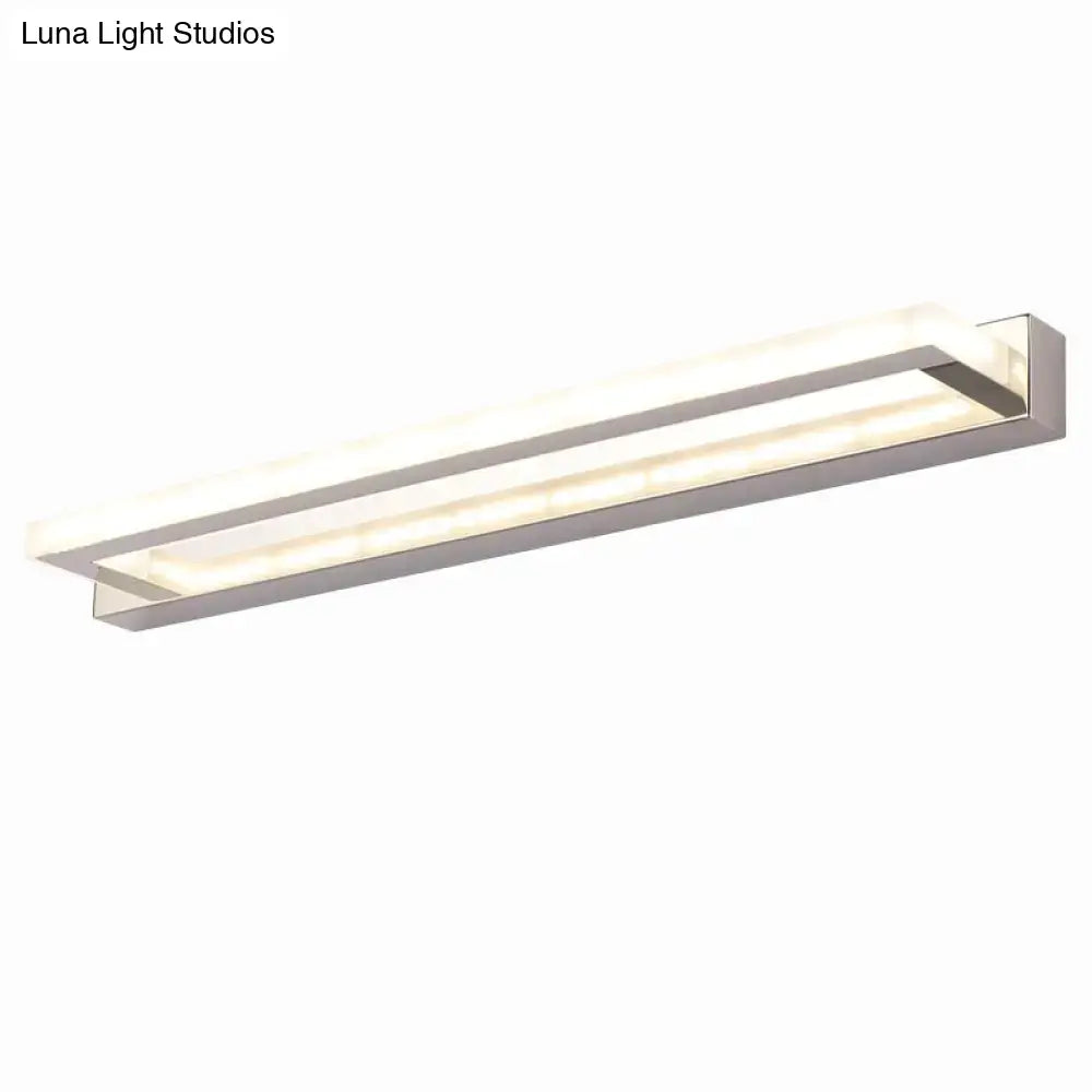 Modern chrome rectangular led sconce bathroom wall light with sleek silver metallic frame and two parallel illuminated strips