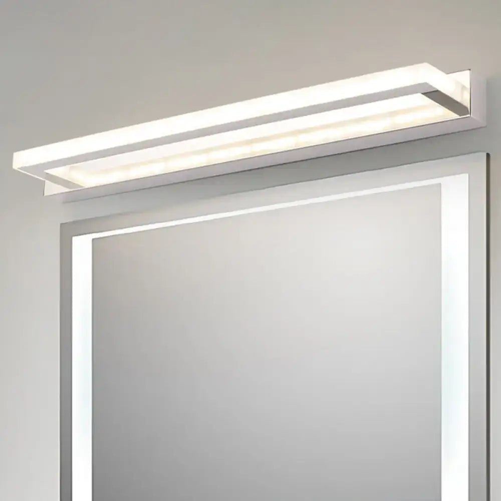 Modern chrome rectangular led sconce bathroom wall light with sleek white and chrome finish mounted above mirror