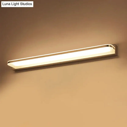 Modern chrome rectangular led wall light fixture with sleek metallic frame and warm white light for bathroom use
