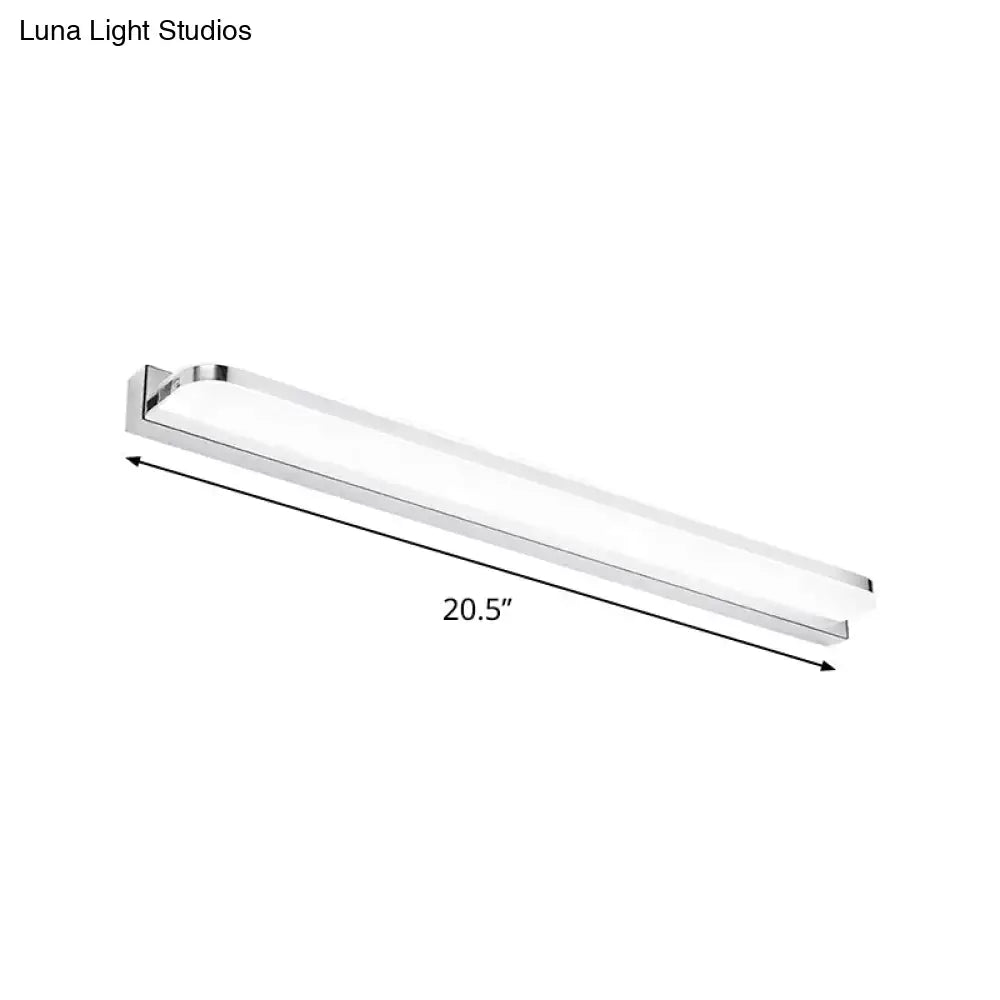 Modern chrome rectangular led wall light fixture with polished chrome finish and frosted glass diffuser for bathroom warm white light