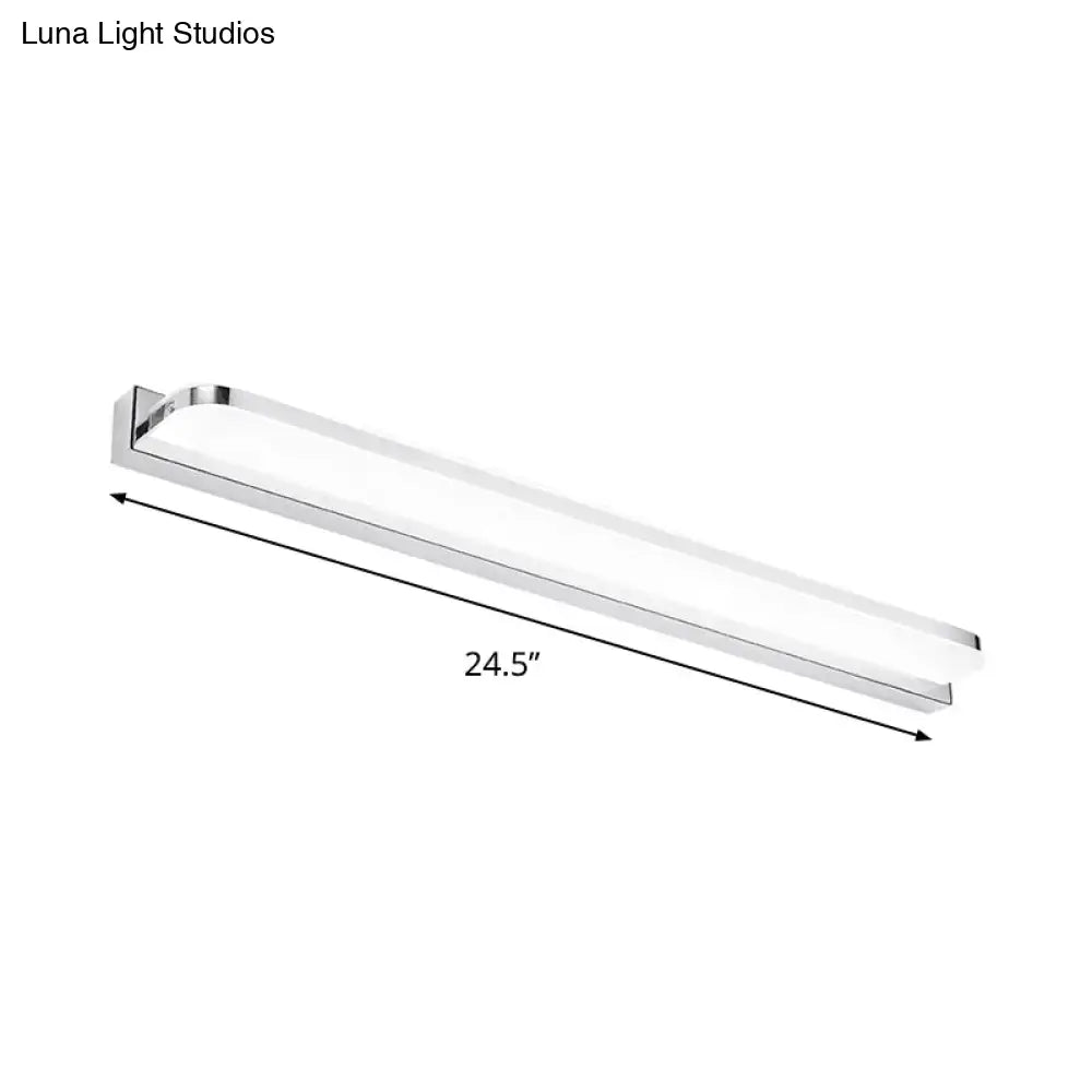 Modern chrome rectangular led wall light with polished chrome finish and frosted glass diffuser emits warm white light