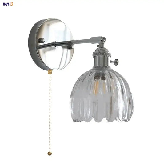 Modern chrome ribbed clear glass wall lamp with brass pull chain for bedroom decorbites clear glass lighting