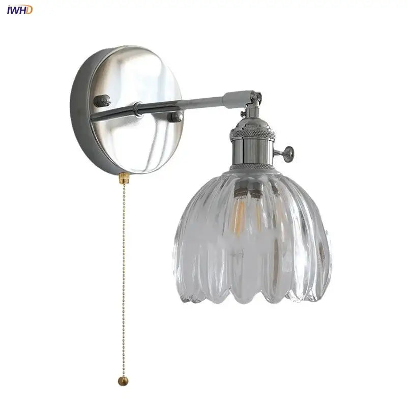 Modern chrome ribbed clear glass wall lamp with brass pull chain for bedroom decorbites clear glass lighting