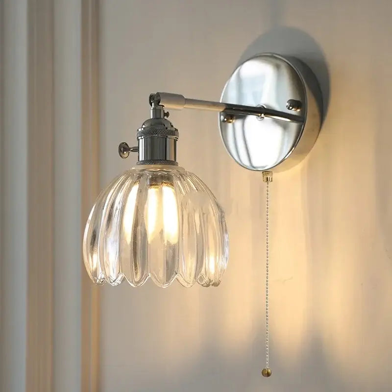 Modern chrome ribbed clear glass wall lamp with polished hardware and pull chain ideal for bedroom decorbites clear glass