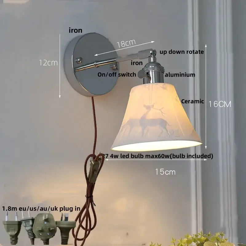 A vintage-style wall lamp with ceramic deer shade and iron aluminum frame paired with decorbites clear glass pull chain