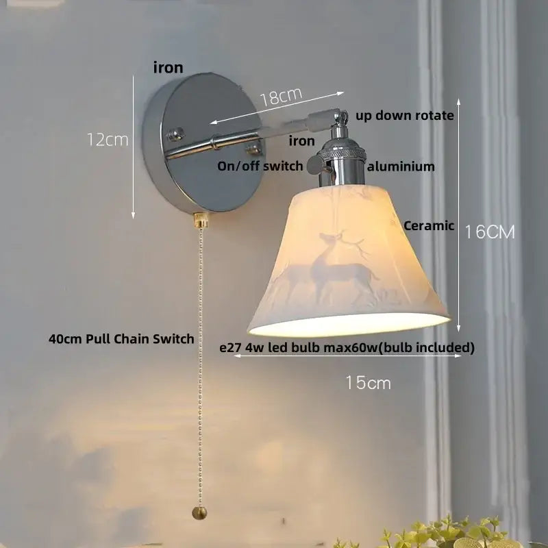 Vintage-style wall lamp with ceramic lampshade etching deer silhouette mounted on iron aluminum decorbites clear glass hardware