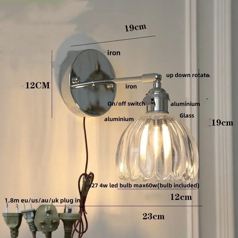 Modern chrome clear glass wall lamp with polished iron aluminum bracket and fluted shade for dining room decorbites clear glass